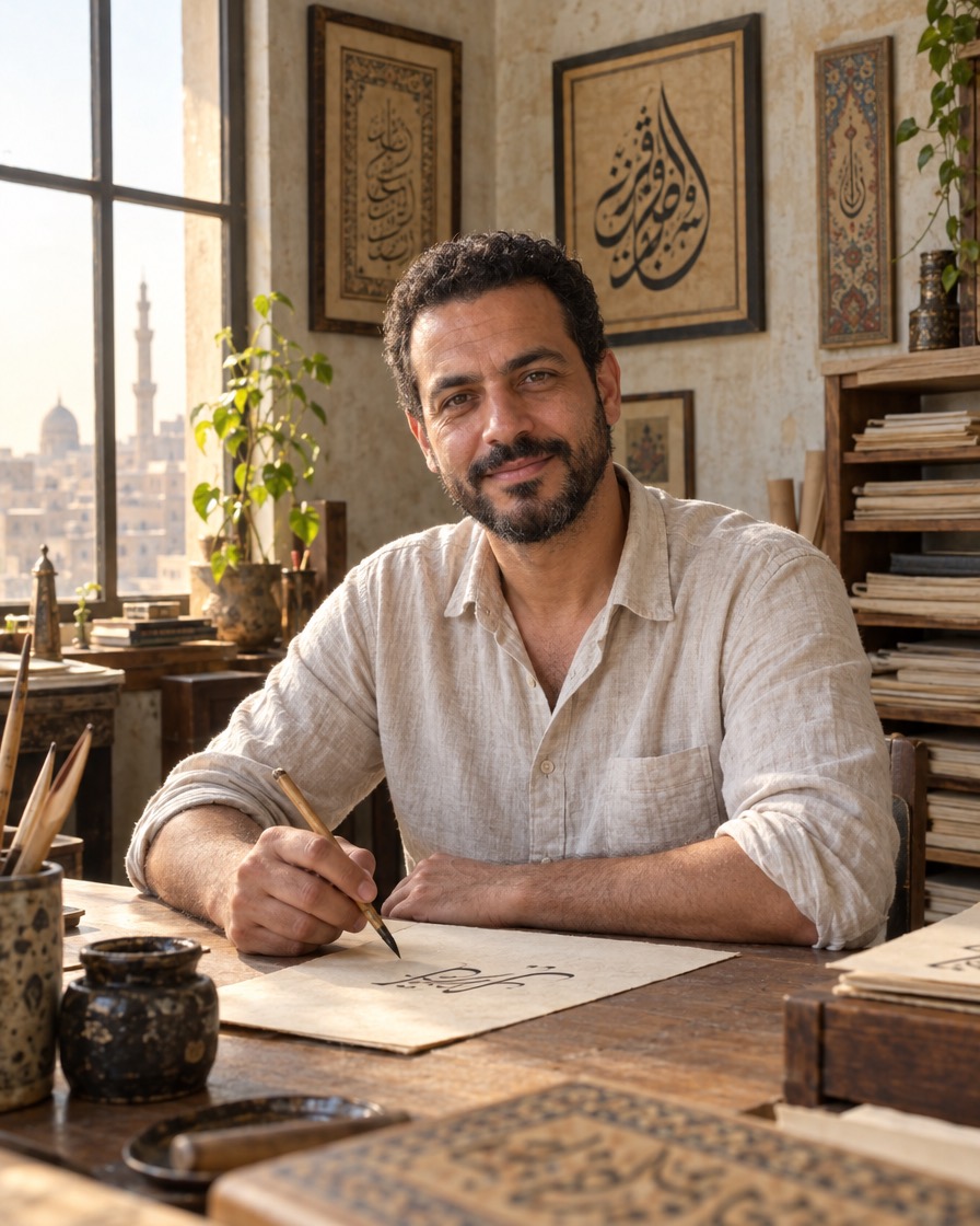 Youssef at his desk in the studio, holding a reed pen, with framed calligraphy behind him